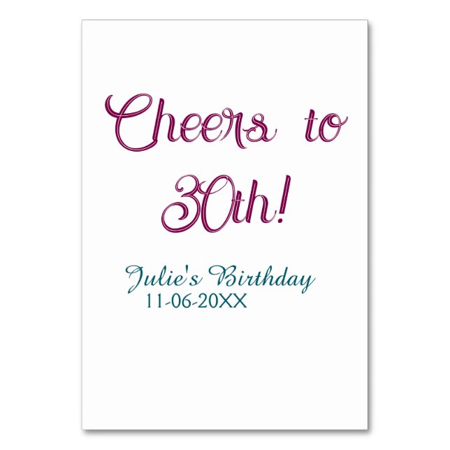 Cheers to 30th birthday name date mauve blue elega tischnummer (Vorderseite)