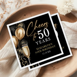 Cheers To 50 Years Black and Gold Balloons Serviette