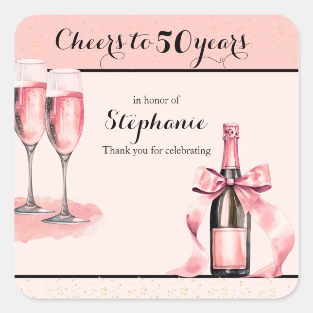 Cheers to 50 Years Pink Champagne Birthday Quadratischer Aufkleber (Vorderseite)