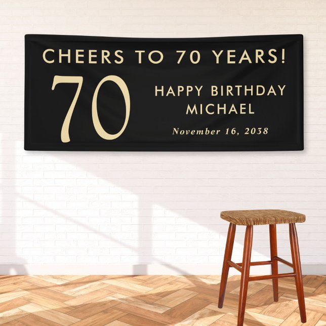 Cheers To 70 Years Black Gold 70th Birthday Party Banner (Von Creator hochgeladen)