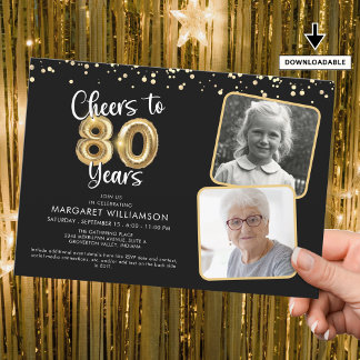 Cheers to 80 Years2 Fotos Script Balloon Confetti Einladung