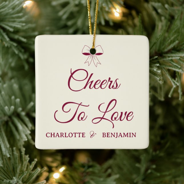 Cheers To Love Burgundy Script Ivory Bow Wedding Keramikornament (Baum)