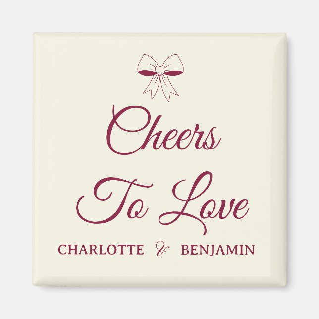 Cheers To Love Burgundy Script Ivory Bow Wedding Magnet (Vorne)
