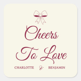 Cheers To Love Burgundy Script Ivory Bow Wedding Quadratischer Aufkleber