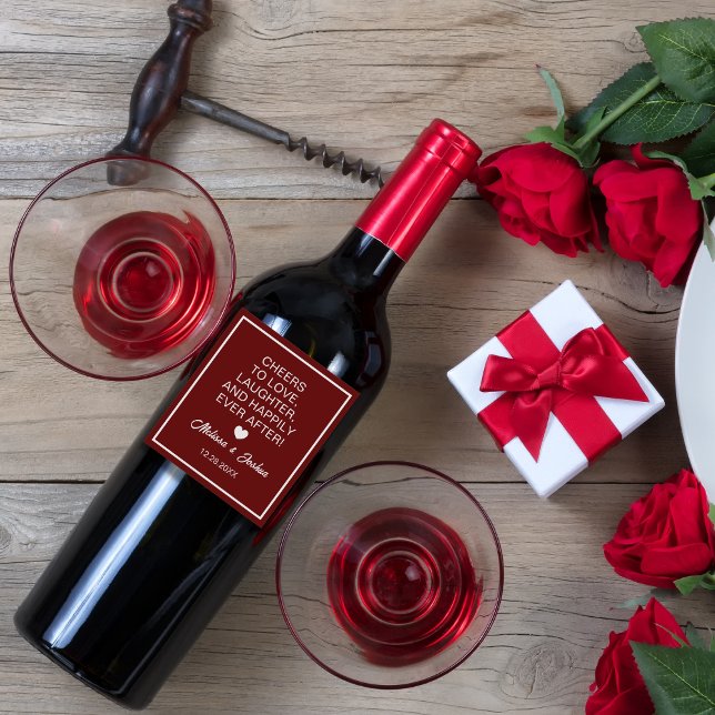 Cheers To Love Laughter Elegant Burgundy Wedding   Weinetikett (Von Creator hochgeladen)
