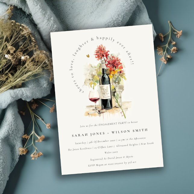 Cheers to Love Wine Red Yellow Floral Engagement Einladung (Von Creator hochgeladen)