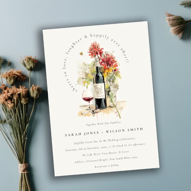 Cheers to Love Wine Red Yellow Floral Wedding Einladung (Von Creator hochgeladen)