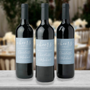 Cheers To Mr And Mrs Script Dusty Blue Wedding Weinetikett
