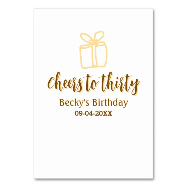 Cheers to thirty yellow brown birthday pastel gift tischnummer (Vorderseite)