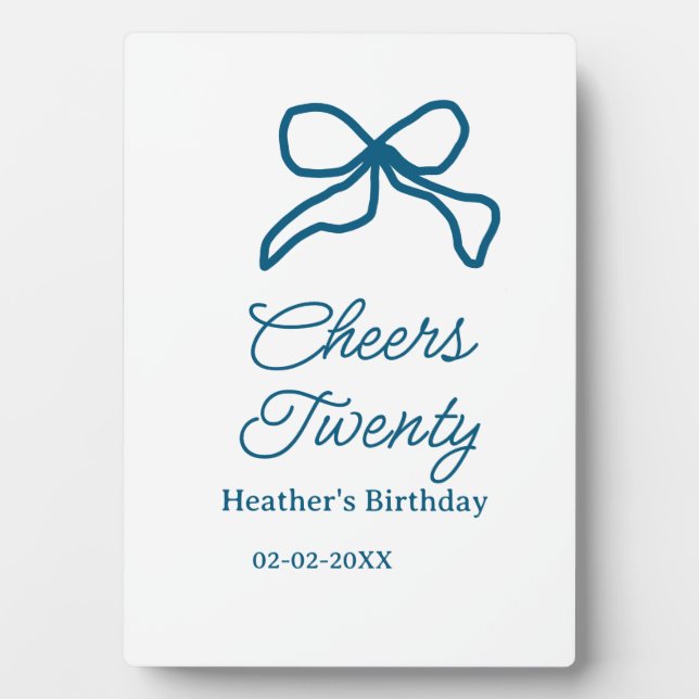 Cheers twenty blue birthday bow name date boho ret fotoplatte (Vorderseite)