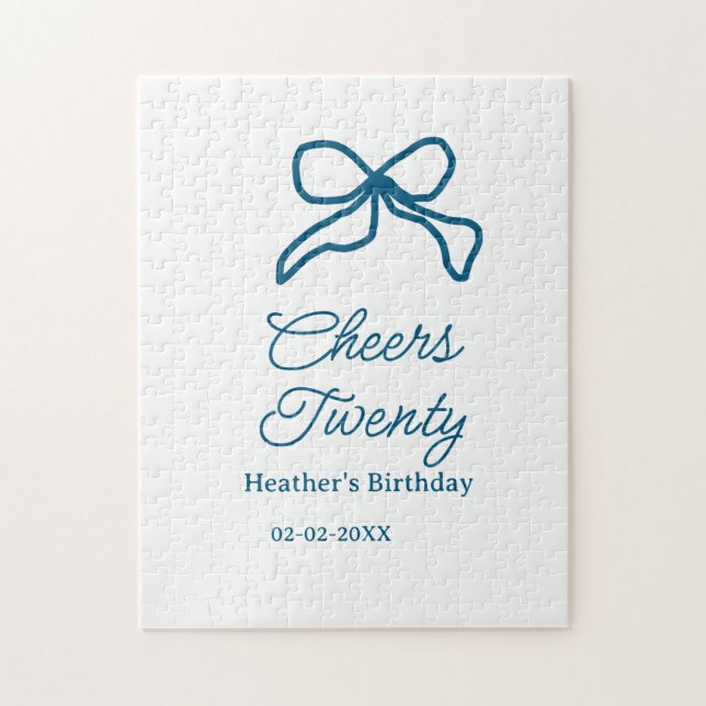 Cheers twenty blue birthday bow name date boho ret puzzle (Vertikal)