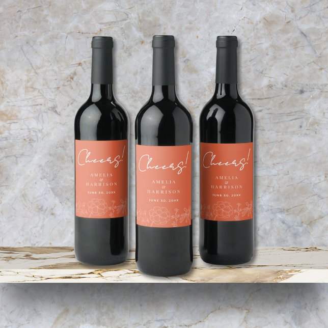 Cheers Verona Sunset Elegant Orange Blumenhochzeit Weinetikett (Cheers Verona Sunset Elegant Orange Floral Wedding Wine Label with Couple Names, Wedding Date.)