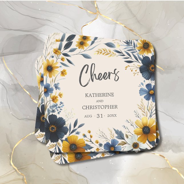 Cheers Watercolor Wildblume Elegante Beige Hochzei Rechteckiger Pappuntersetzer (Cheers Wildflowers Wedding Coaster with Blue and Yellow Wildflowers, wedding info.)