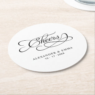 Cheers Wedding Elegant Calligraphy Black & White Runder Pappuntersetzer