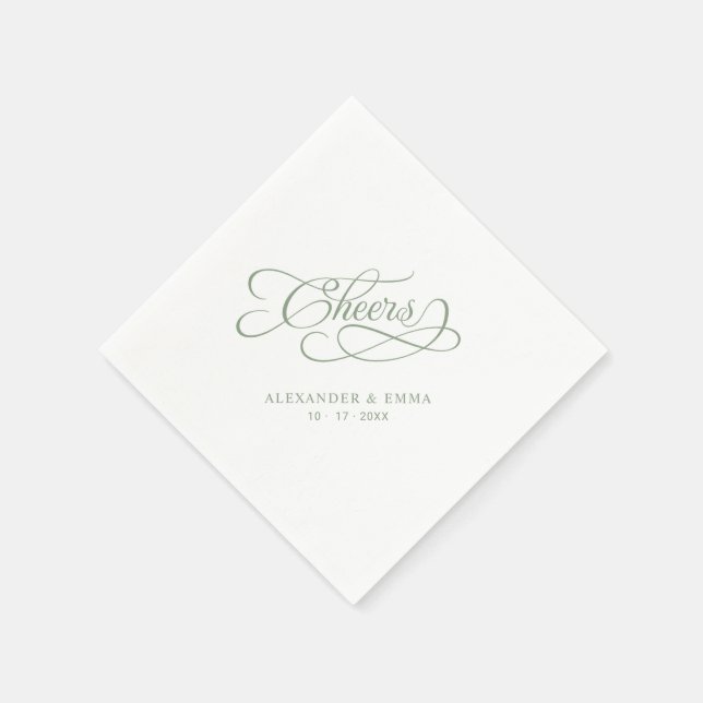 Cheers Wedding Sage Green Elegant Calligraphy Serviette (Ecke)