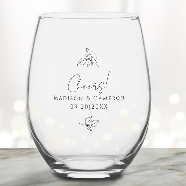 Cheers Wedding Verlobung Botanische Blätter Schwar Weinglas Ohne Stiel (Cheers Wedding Engagement Botanical Leaves Black Stemless Wine Glass)