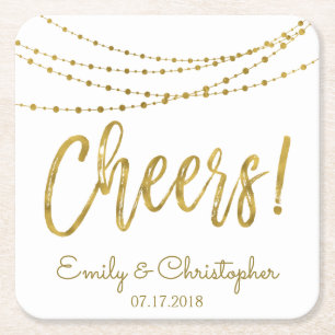 Cheers White and Gold Foil String Lights Rechteckiger Pappuntersetzer