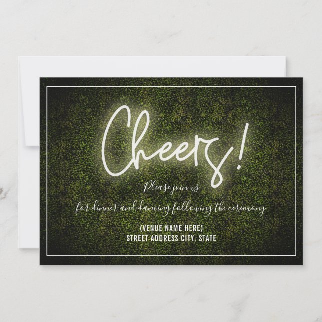 Cheers White Neon Boxwood Hochzeitsempfang Einladung (Vorderseite)