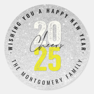 Cheers Yellow 2025 Silver Glitzer New Year Holiday Runder Aufkleber