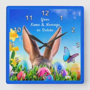 Cheery Bunny, Daffodils Personalized Easter Clock Quadratische Wanduhr