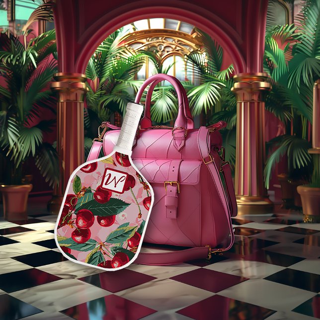 Cheery Cherry Retro Pink Mit Monogramm Pickleball Schläger (Stylish Monogram Retro Pink Cherry Pickleball Paddle)