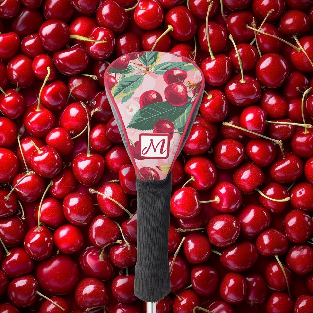 Cheery Cherry Retro Pink Monogrammed  Golf Headcover (Retro Cherry Pop Monogrammed Golf Head Cover )