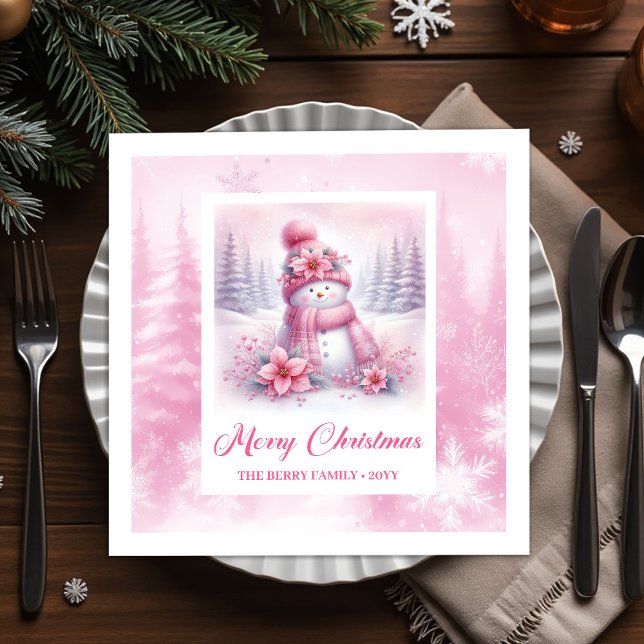 Cheery Winter Forest Pink Snowman Christmas Napkin Serviette (Cheery Winter Forest Pink Snowman Christmas Napkins Kids)