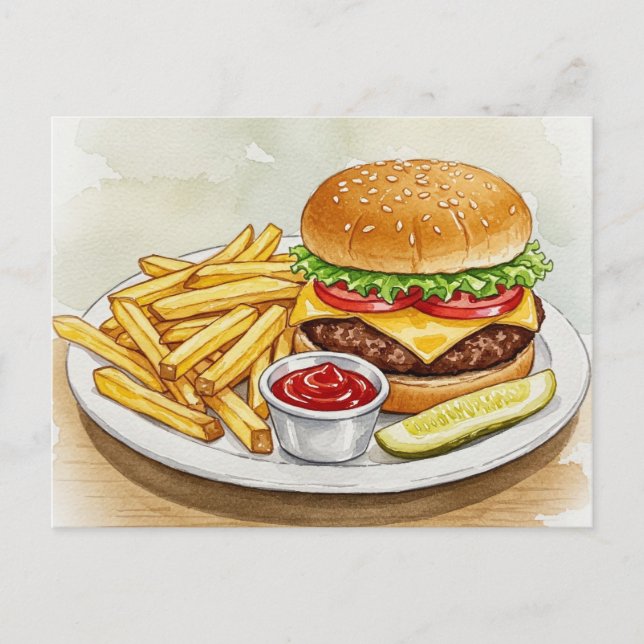 Cheeseburger French Fries Pickles Postcard Postkarte (Vorderseite)