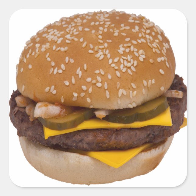 Cheeseburger On Sesame Seed Bun Quadratischer Aufkleber (Vorderseite)