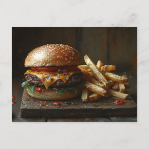 Cheeseburger und Knoblauchfriesen-Malerei Postkarte