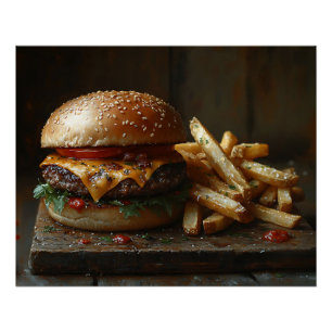 Cheeseburger und Knoblauchfrites-Gemälde Poster