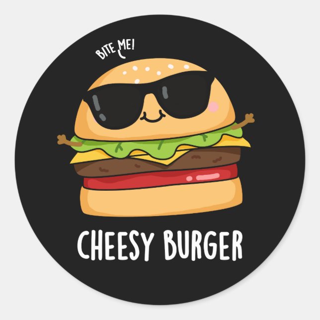 Cheesy Burger Funny Food Puns Dark BG Runder Aufkleber (Vorderseite)