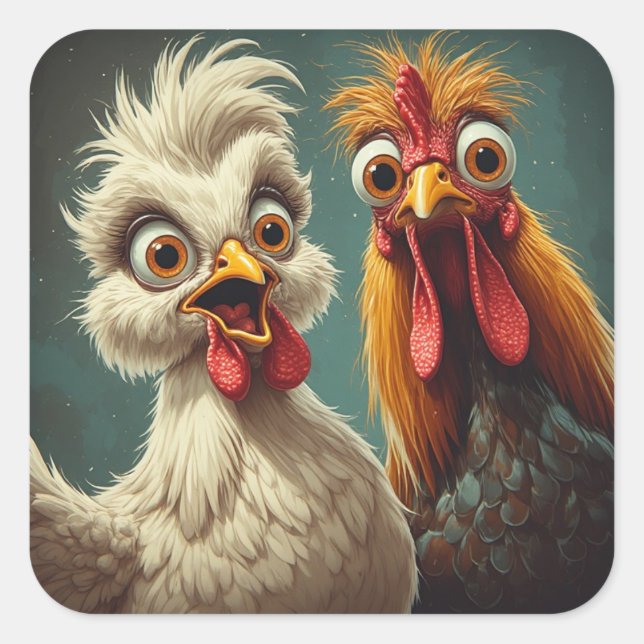 "Cheesy Chicken Selfies Anna & Stan"  Quadratischer Aufkleber (Vorderseite)