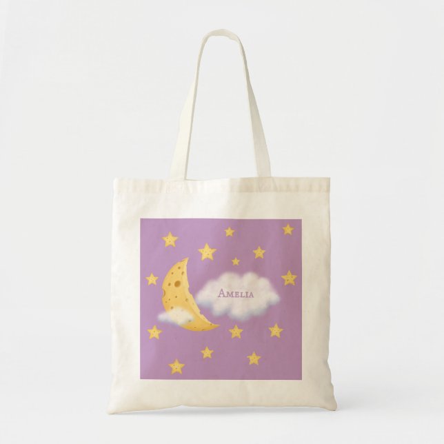 Cheesy Moon & Stars Fluffy Cloud individuelle Name Tragetasche (Vorne)