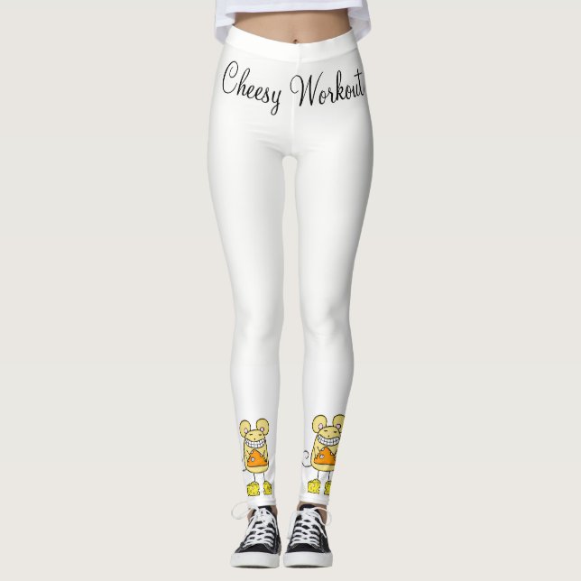 Cheesy Workout Mouse Pizza Weiße Leggings (Vorderseite)