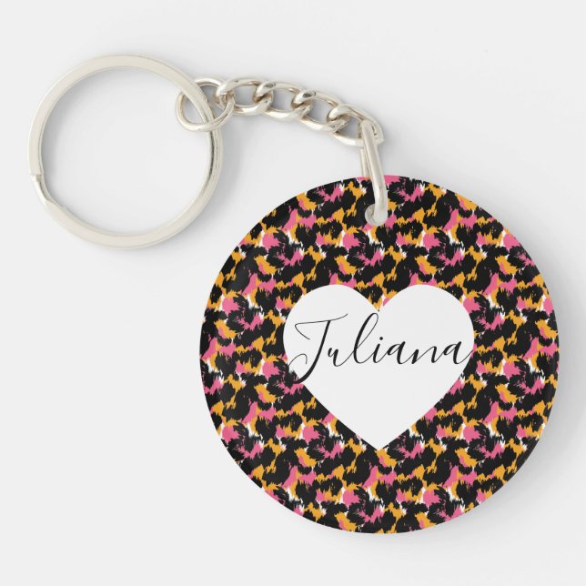 Cheetah Animal Print Pink Orange Herz Keychain Schlüsselanhänger (Vorderseite)