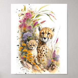 Cheetah Baby und Mama Aquarellmalerei Poster
