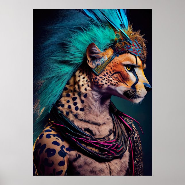 Cheetah Blue Feather Mohawk Weirdcore Rainbow Punk Poster (Vorne)