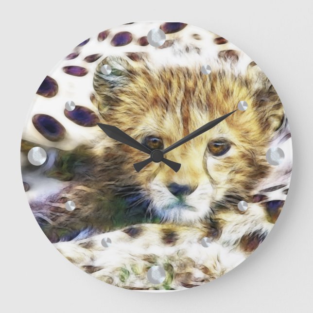 Cheetah Cub Fraktal Wall Clock Große Wanduhr (Vorderseite)