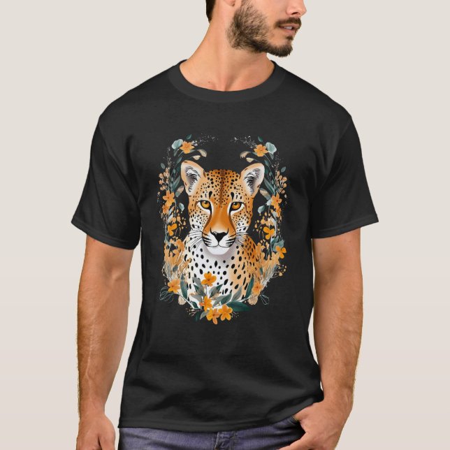 Cheetah Face Animal Print Big Cat Wildlife Flowers T-Shirt (Vorderseite)