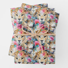 Cheetah Floral Boho Wasserfarben-Muster Geschenkpapier Set