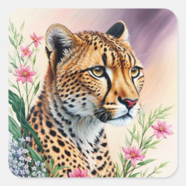 Cheetah Floral Painting Feline Art Quadratischer Aufkleber
