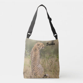 Cheetah Foto Natural Setting Personalisieren Name Tragetaschen Mit Langen Trägern