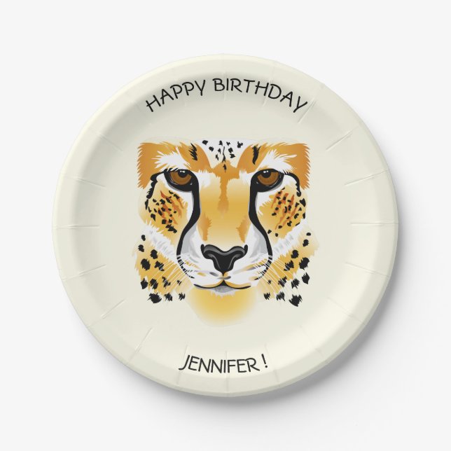 Cheetah Head nah-up Illustrationsname Geburtstag Pappteller (Vorderseite)