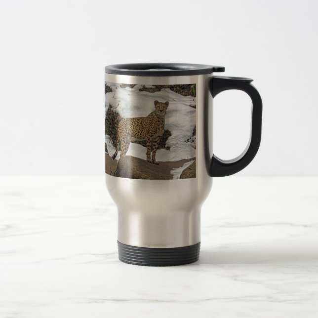 Cheetah in der Schnee-Reise-Tasse Reisebecher (Rechts)