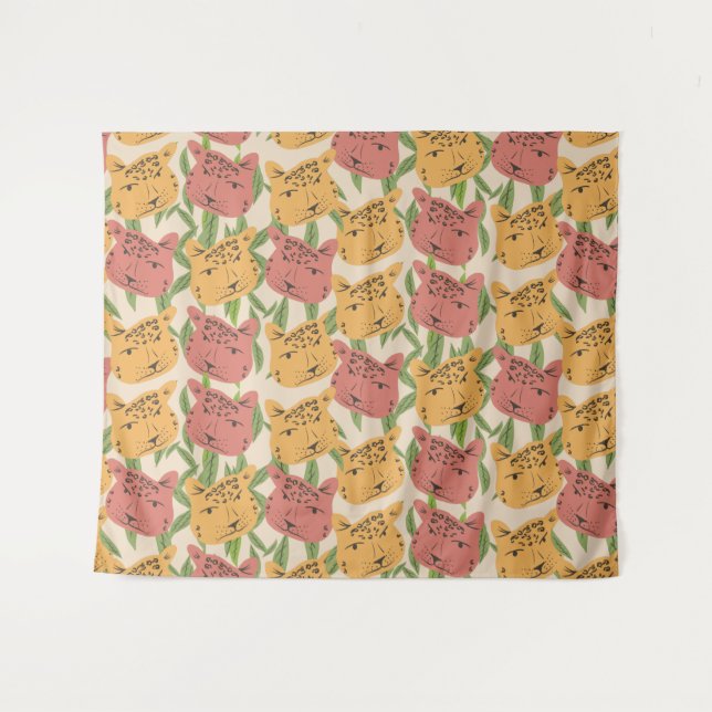 Cheetah Jungle Pflanze Grüne Korallen Grün Wandteppich (Vorderseite (Horizontal))