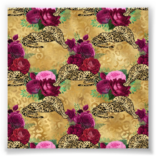 Cheetah Leopard Rote Rose Blumenmuster Blume Fotodruck (Vorne)