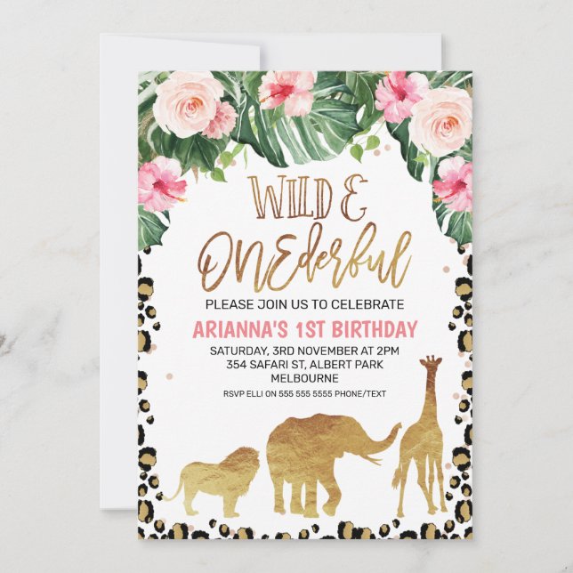 Cheetah Print Floral Gold Safari Wild One Birthday Einladung (Vorderseite)