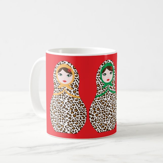 Cheetah Print Matryoshka Kaffee Tasse (Vorderseite Links)