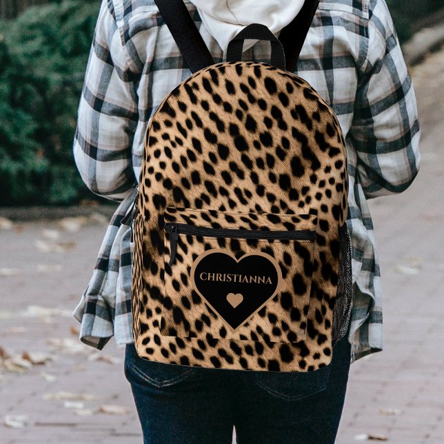 Cheetah Print Pattern Tan Brown & Black Heart Bedruckter Rucksack (Cheetah Print Pattern Tan Brown & Black Heart Printed Backpack)